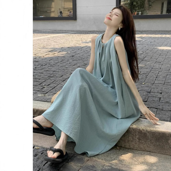 無袖吊帶長裙 夏季海邊度假連衣裙, 黑色#639, M