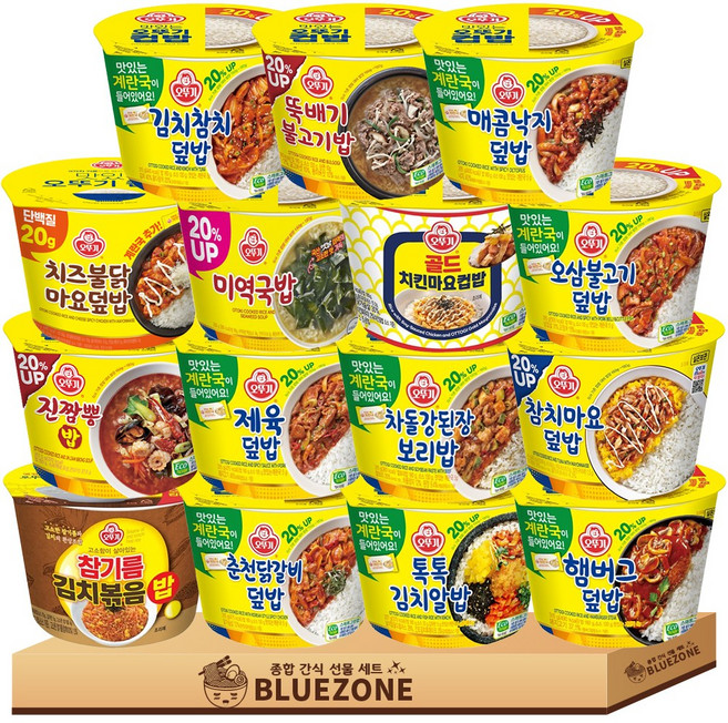 오뚜기 컵밥 20% UP 계란국포함15종 세트(김참+뚝불+매콤낙지+불닭마요+미역국+치킨마요+오삼+진짬뽕+제육+차된+참치마요+김볶+춘닭+김치알밥+햄버그), 1박스, 4.199kg