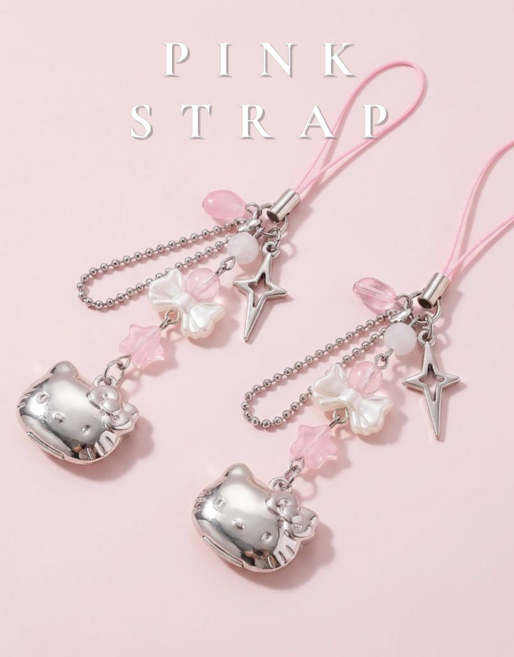 에이씨엠 산리오 헬로키티 비즈 실버 키링 에어팟 핸드폰 스트랩 줄 고리, 1개, 핑크