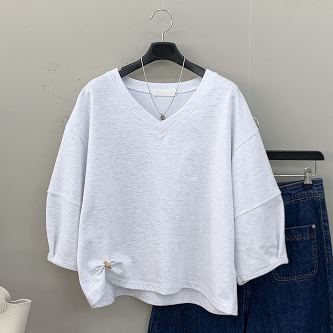 행복여 모니크 브이넥 벌룬 퍼프 7부 소매 티셔츠