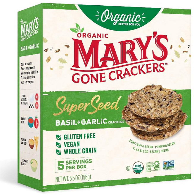 메리즈 크래커 슈퍼 씨드 식물성 단백질 글루텐 프리 바질 마늘 5온스 1팩, Mary's Gone Crackers 슈퍼 씨드 크래커, 5.5 Ounce (Pack of 1), 1개