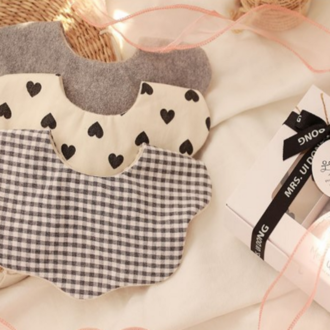 [출산백일선물] 우이동금손 하트 테리 턱받이 3종세트 [포장+쇼핑백세트], 블랙세트, 1개, 3개입