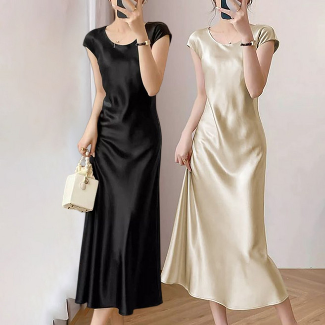 MOSAIRATION 여성 단색 라운드넥 슬림핏 반팔 롱 원피스 우아한 모던 스타일 패션 원피스 M01031108