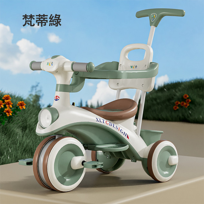 DIU 兒童三輪車腳踏車遛娃神器多功能輕便自行車手推寶寶車小孩平衡車, 1個, 【高配】梵蒂綠+燈光音樂+可轉向推把+圍欄靠背:如圖