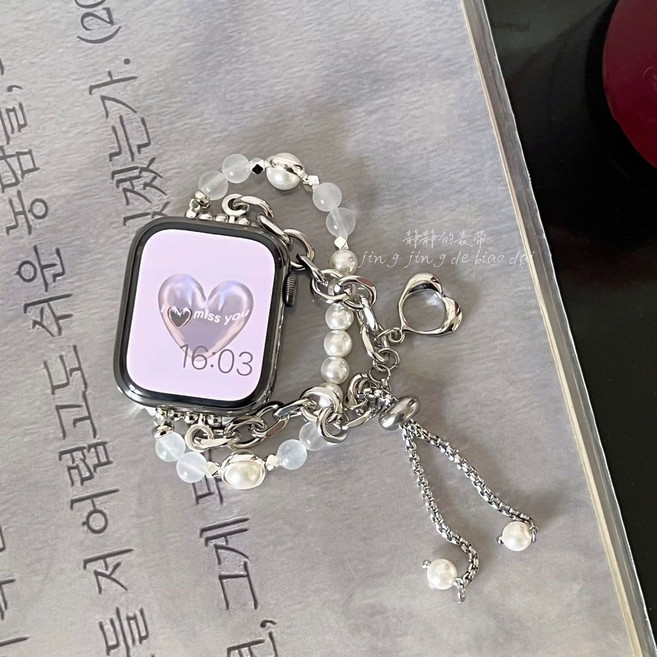 珍珠水晶表鏈 適用 Apple Watch, 1個, 珍珠水晶僅表帶42mm(s10)