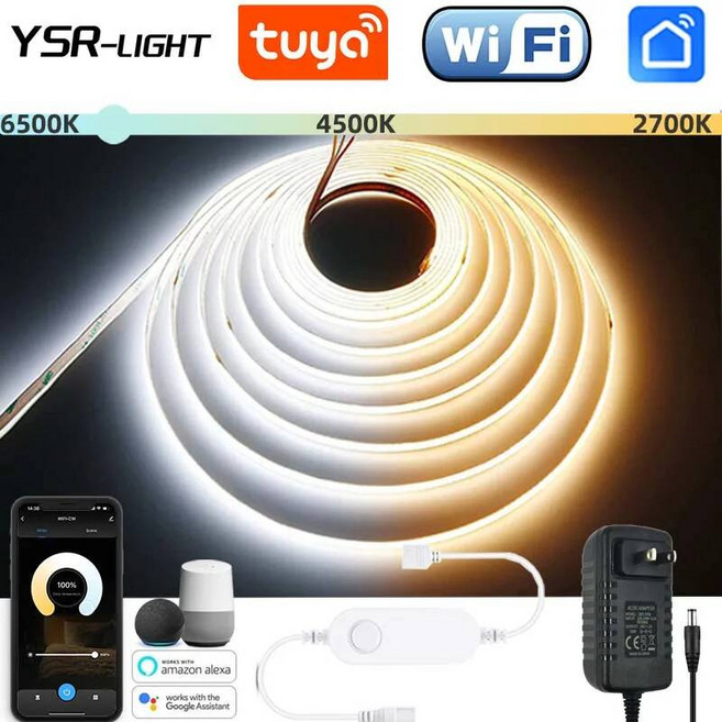 YSRSAI Tuya WiFi COB CCT LED 스트립 DC24V 608LED/M 2700K-6500K 디밍 가능 테이프 1-5M 풀 키트 APP/스마트 Alexa Goog, 1m, AU plug