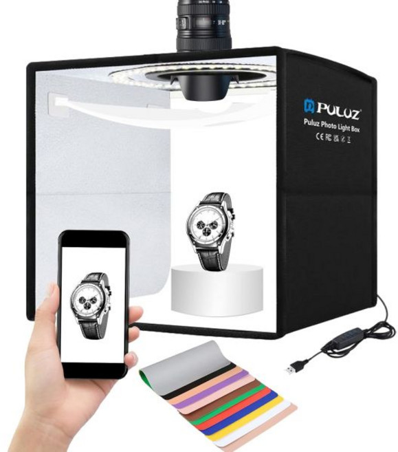 PULUZ 미니스튜디오 제품촬영 포토부스 10x10 인치 포토 라이트 박스 접이식 휴대용 미니 104PCS LED CRI ≥95 12 가지 색상 사진 배경 주얼리 시계 작은 아, 10 Inch