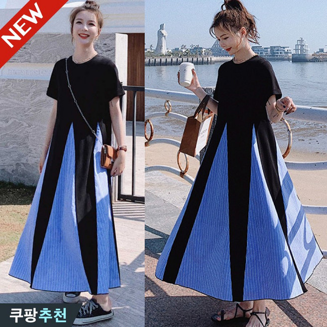 (완전 편한) 여성 언밸 프렌치 줄무늬 롱 원피스 티셔츠 여름 편한 심플 매력 우아한 모던 디자인 캐쥬얼 배색 a라인 스커트 이쁜 박스 외출용 찰랑 포인트 3xl 4xl 원피스