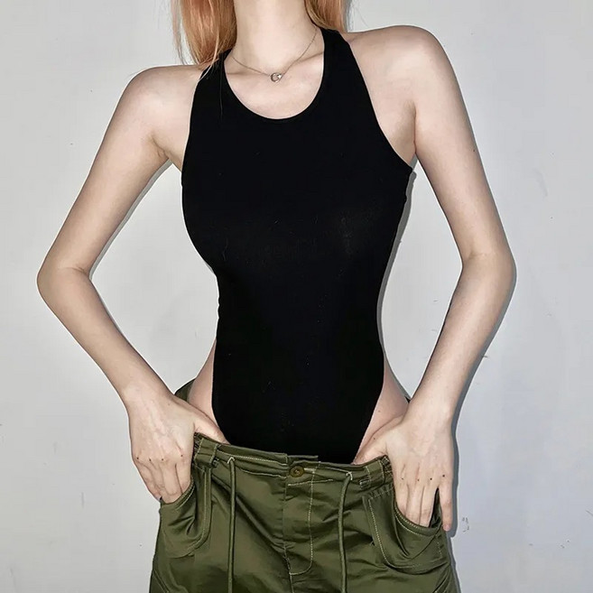 해피유통 여성 슬림핏 나시 바디수트 백오픈 디자인 데일리 상의