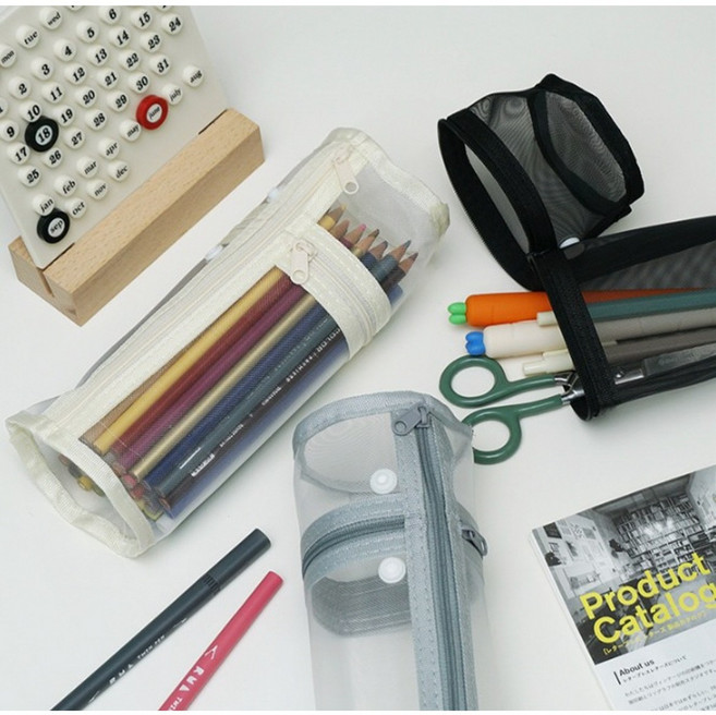 스탠딩 원통형 메쉬 필통 대용량 멀티 파우치 3color, 그레이