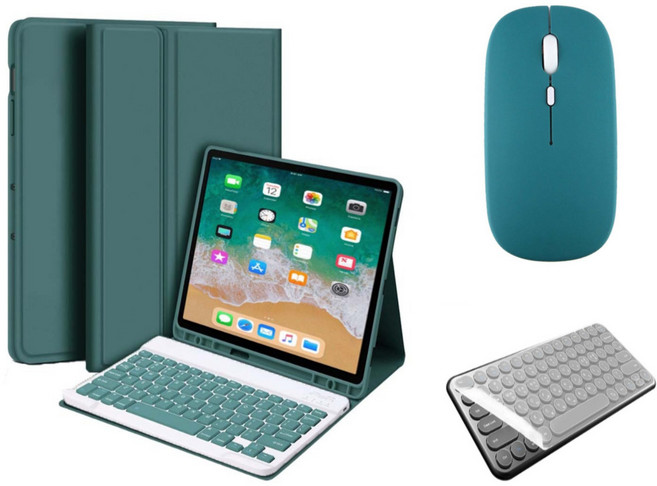 아이패드 호환 에어 프로 미니 1/2/3/4/5/6/7/8/9/10 세대 M2 M4 펜슬 수납 블루투스 키보드 케이스 무선 마우스 세트 iPad Pro Air Mini 케이스나라, 다크그린