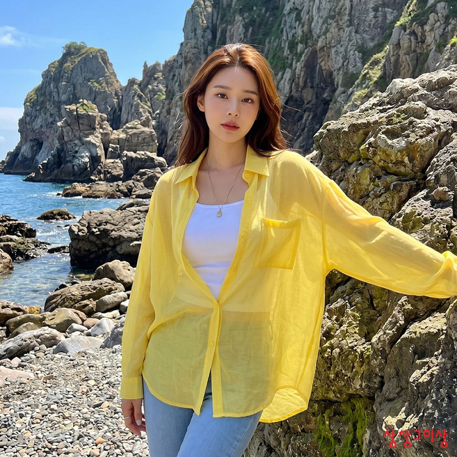 상상그이상 여성용 아사 박시 남방 얇고 시원한 오버핏 여름 시스루 가벼운 데일리 롱셔츠 비치웨어 바캉스룩