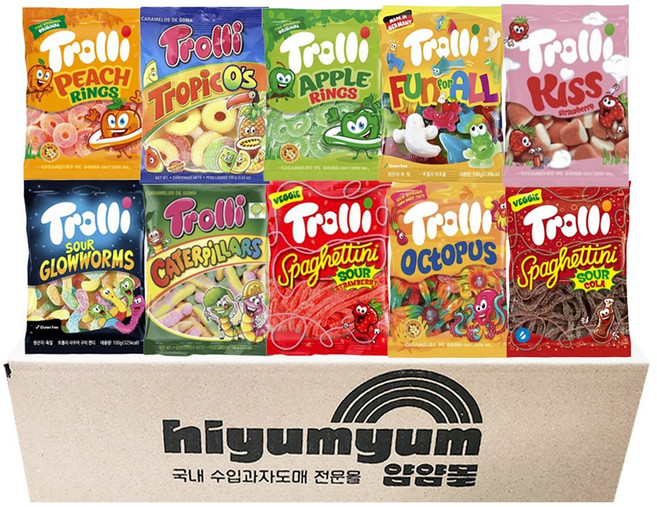 트롤리 10종 젤리모음 (사우어글로우웜즈+스파게티딸기+캐터필러+피치링스+트로픽오스+애플링스+트롤리키스+스파게티콜라+펀포올+옥토퍼스), 100g