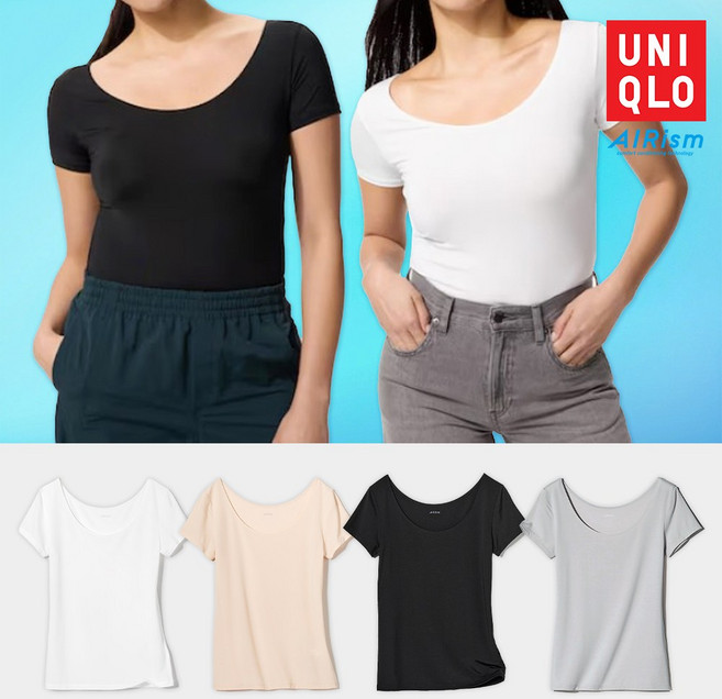 유니클로 에어리즘 여성 U넥 티셔츠 3부상의 반팔 런닝 속옷