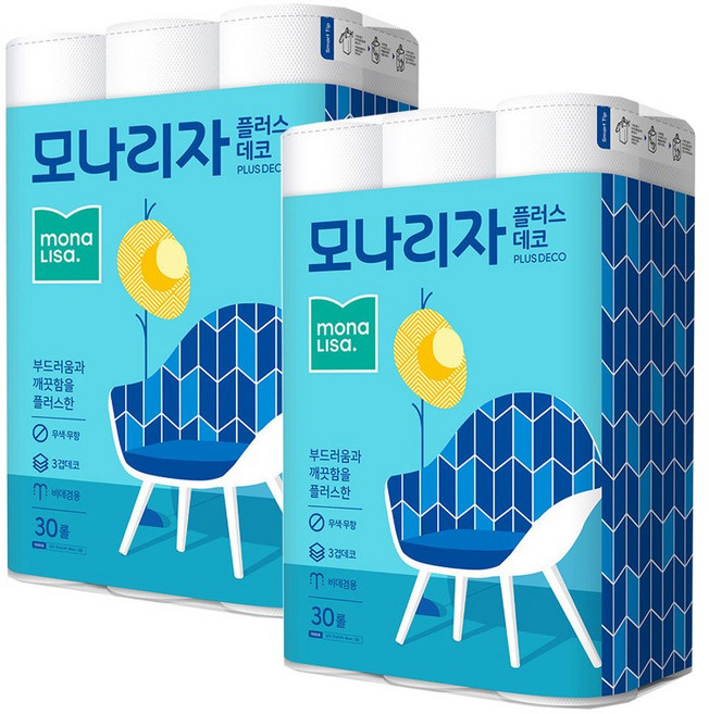 모나리자 3겹 퓨어트리 데코엠보싱 롤화장지 27m, 30롤, 2개