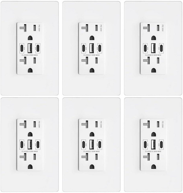 Amerisense 30W PD3.0 USB 벽면 콘센트 20Amp 변조 방지 콘센트 USB 타입 C 포트 2개 및 USB 타입 A 포트 1개 아이폰/아이패드/삼성/LG/, 20 Amp, 6