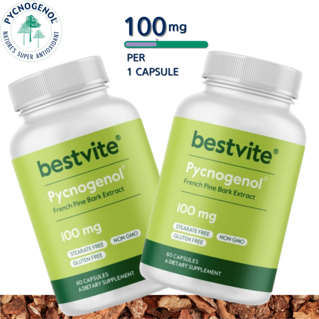 피크노제놀 100mg 60정 소나무껍질 추출 파인바크 프랑스 해송 고함량 호팍사 정품 원료 미국 본사 직배송, 2개, 60캡슐