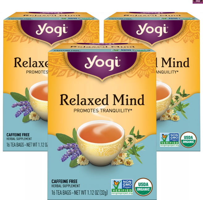 요기티 릴랙스드 마인드 티백 카페인 무함유 USDA 유기농 인증, 32g, 3개