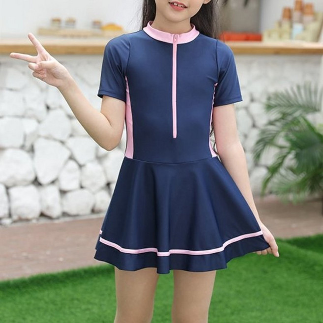 구빠방 여아 배색 반팔 플레어 원피스 수영복