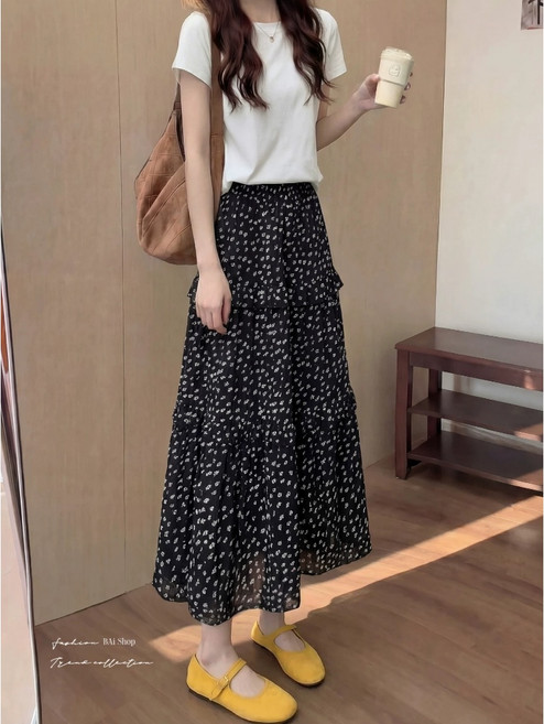 碎花蛋糕長裙 復古高腰垂感A字裙