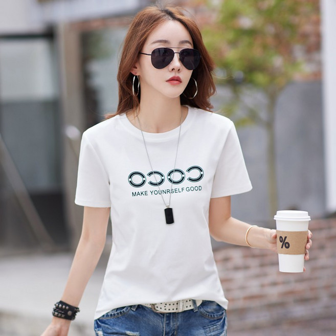 NEW 여름 여성용 패션 유니크 라운드 반팔 티셔츠 슬림핏 반팔 여사 캐주얼 면티 데일리룩 여성의류 5color