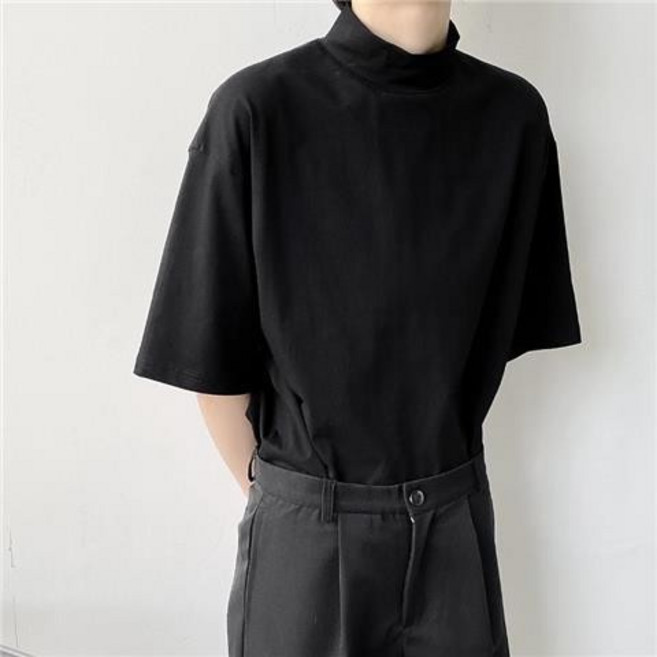原宿風個性小高領寬鬆短袖T恤 男女情侶日系純色休閒打底衫, 黑色,S
