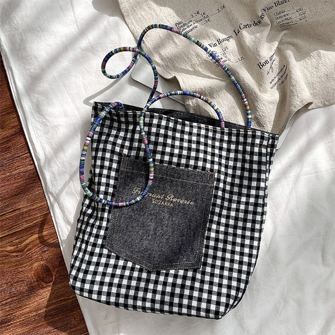 후암마켓 데님 양면 에코백 체크패턴 데일리 숄더 캔버스백
