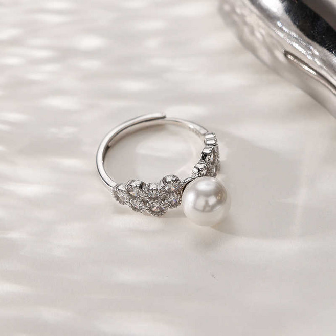 NXNA S925 큐빅 화이트 진주 반지 여성용 럭셔리 인스풍 미니 디자인 오픈형 조절 반지 선물용 CS-JZ002