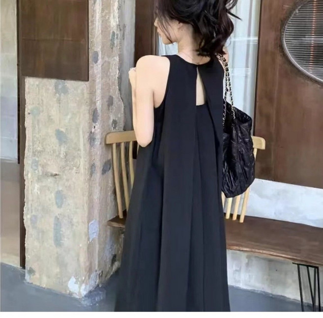 百褶無袖連衣裙女 吊帶裙 夏季寬松顯瘦 韓版純色洋氣中長裙, 黑色,M 47-56公斤, 黑色