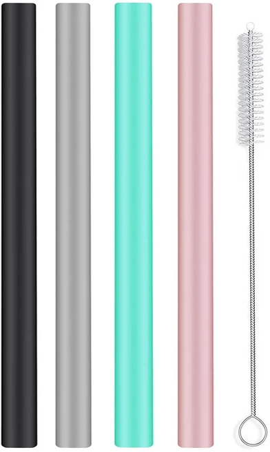 쿠쿠스토어 재사 가능한 실리콘 보바 빨대 초대형 버블티 스무디 청소 브러시 및 케이스 포함 4개 팩 - 10, 01 Assorted Colors