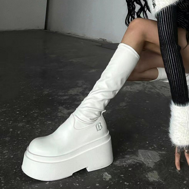 POMTOR 여성 편한 심플 통굽 통넓은 레더 키높이 롱부츠 8.5cm