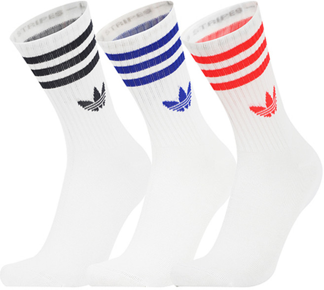 아디다스 스포츠 양말 Original 3S 크루 삭스 3P 1세트 화이트-블랙-블루-레드 로고, 상세설명참조, L, 1개