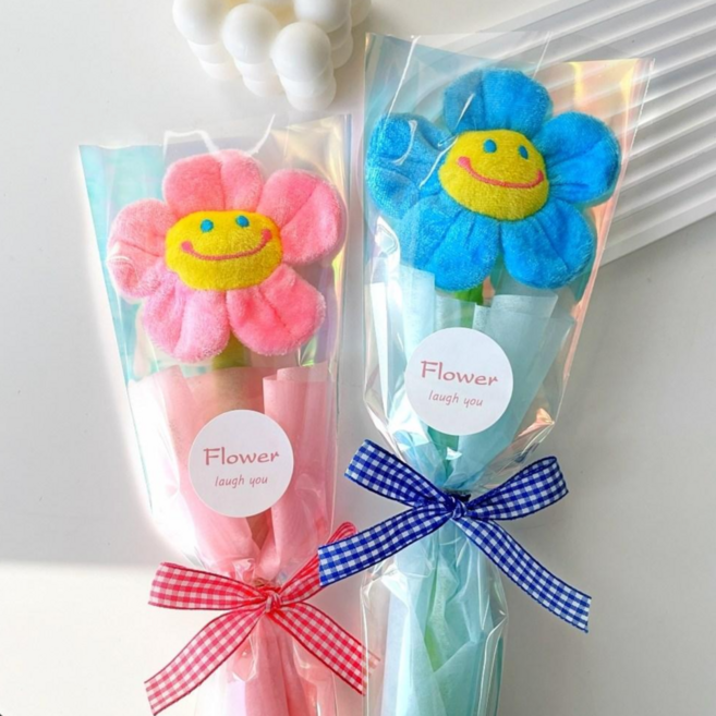 래프유 스마일 꽃 한송이 인형 꽃다발 2p, 핑크+파랑, 2개