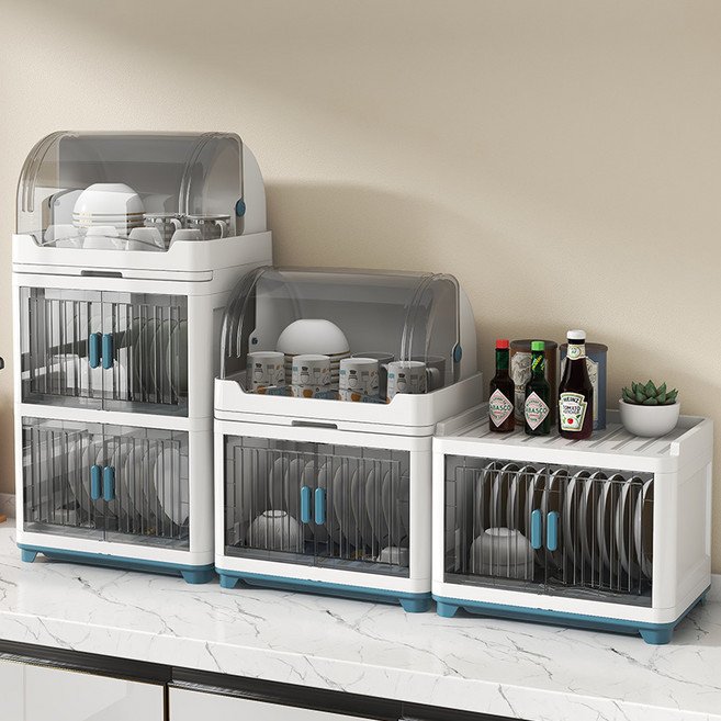 Maxinsk 대용량 식기 건조대 투명 뚜껑형 도어형 주방 식기 수납함 물빠짐 그릇 수납장 2단3단, 블루, 2단