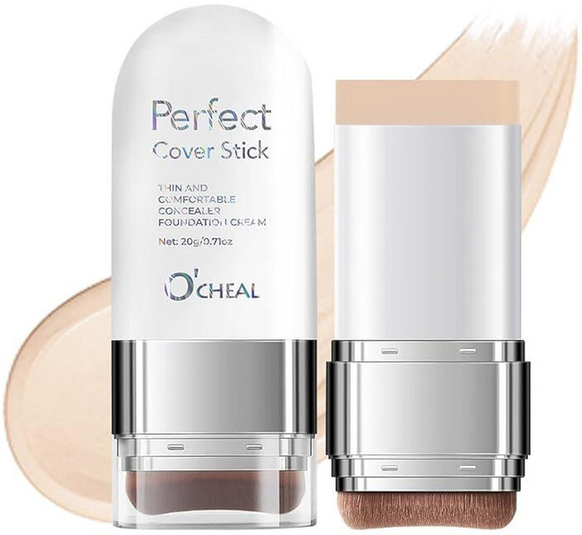 O'CHEAL 컨실러 파운데이션 스틱 2 in 1 롱래스팅 스틱 컨실러 브러시 포함 다크 서클 및 잡티를 위한 풀 커버리지 페이스 컨투어 08#옐로우 컴플렉션, 02 내추럴