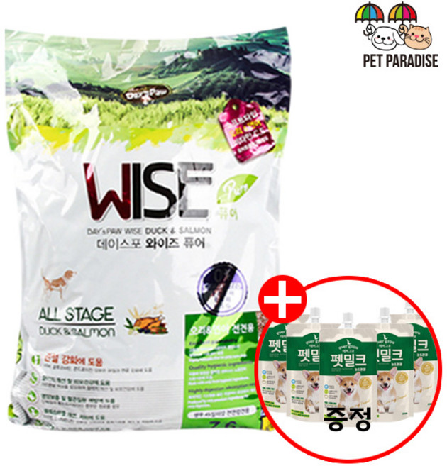 [펫파라다이스] 데이스포 와이즈 MB미듐바이트 7.6kg + 에버그로 펫밀크 눈&관절 150ml 5개, 1개, 연어+오리