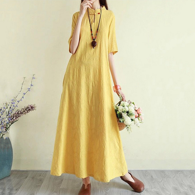 POMTOR 여성 여름 린넨 원피스 캐주얼 스탠딩 칼라 자카드 롱 원피스 개량한복 생활한복