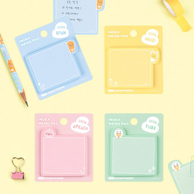 카카오프렌즈 카카오 리틀프렌즈 러블리 인덱스 점착 메모지 튜브 무지 라이언 어피치 4종