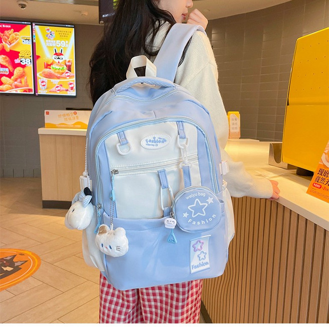 少女可愛書包三到六年級女生初中星星學生揹包大容量初高中雙肩包, 藍色