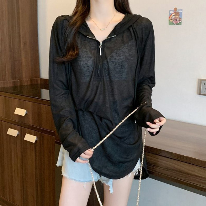반지퍼 후드티 긴팔티 1+1 얇은 시스루 여름 블라우스 상의 여성 루즈핏 빅사이즈 자외선 차단복