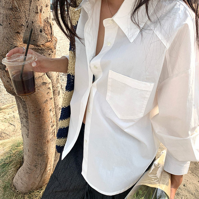 네모엔룩 핀터코튼크롭 여성용 언밸런스 앞뒤기장 세미크롭 셔츠카라넥 원포켓 코튼 긴소매 셔츠 블라우스 남방