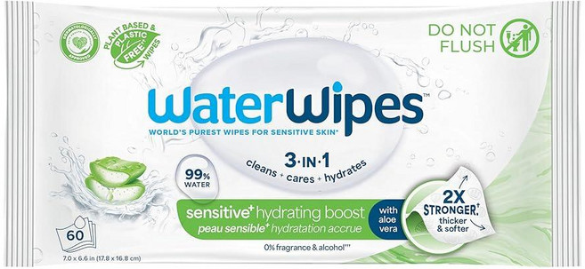 WaterWipes Sensitive+ 하이드레이팅 부스트 물티슈 3-in-1 세척 관리 수분 공급 알로에 베라 함유 99% 물 무향 및 저자극성 아기 60개(1팩)1, 1 Count (Pack of 60)