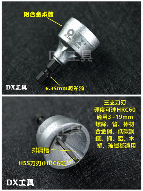 orix 螺絲倒角器 適用於螺絲、牙條、不鏽鋼管、EMT管、鍍鋅鋼管 去毛邊修邊倒角刀, 1個, 3~19mm三刃HSS刃