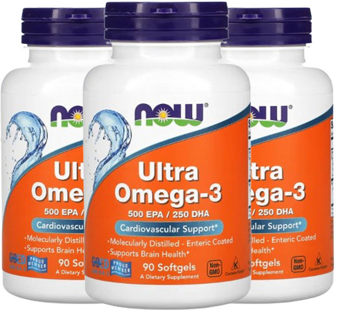 NOW Foods 울트라 오메가 3 EPA 500/ DHA 250 / 항산화 면역 영양제, 90정, 3개