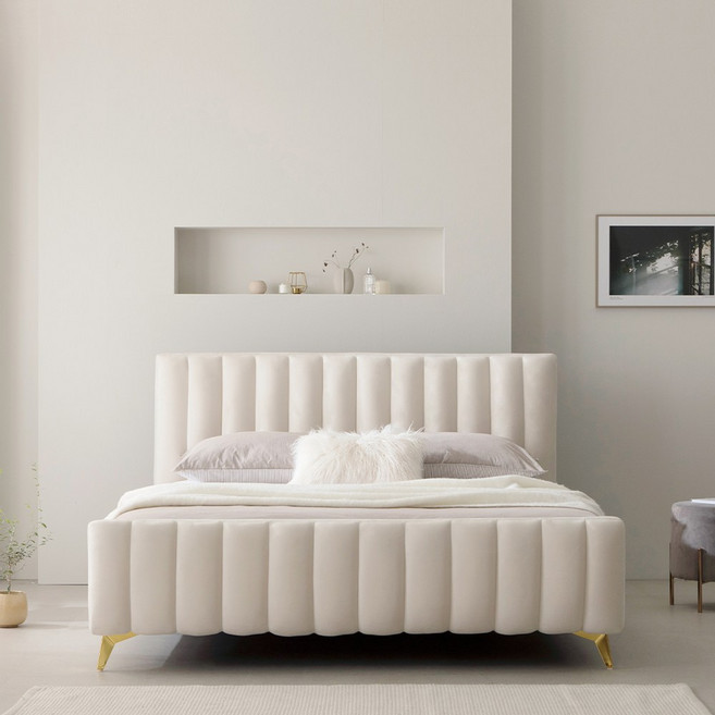 퍼니코 샤르망 앤틱 매립형 벨벳 패브릭 침대 SS/Q/K + 21cm 텐셀 본넬 매트리스 포함, 크림 아이보리