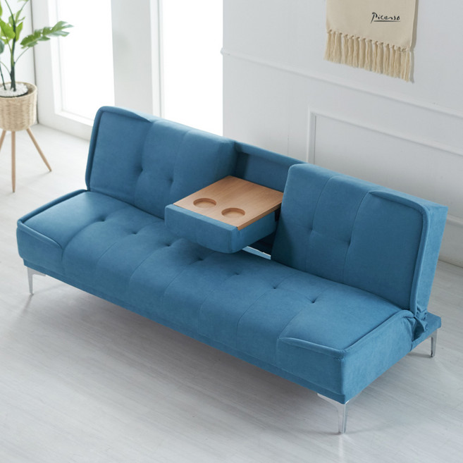 [NEW] 에보니아 씨어터 3인용 컵홀더쇼파베드 방수패브릭 쇼파침대 3인소파, 철재다리_아쿠아블루