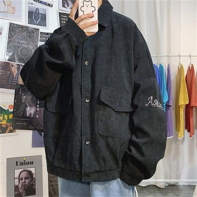 日系平絨翻領工裝夾克港風休閒復古寬鬆大碼外套潮流上衣服