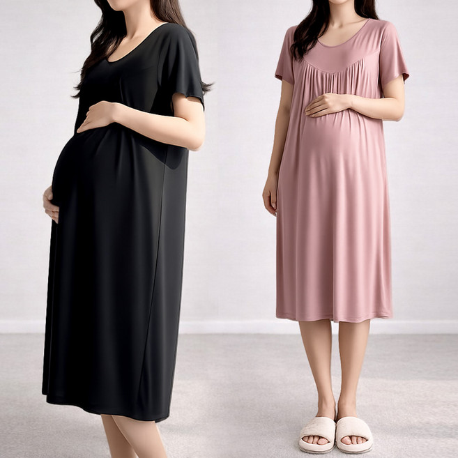1+1 임산부 홈웨어 원피스 출산전후 편안한 부드러운 신축성 좋은 여성 임부 반팔 롱원피스 2장세트