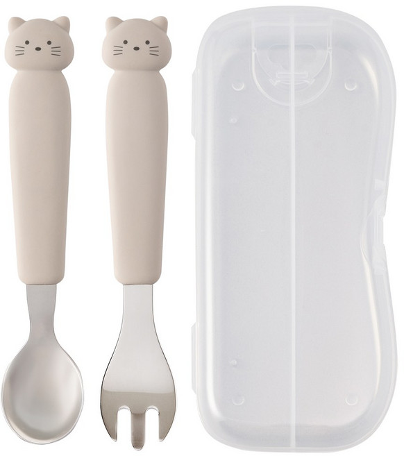 키도러블 고양이 스텐 실리콘 스푼+포크+케이스 세트, 1세트, 웜그레이