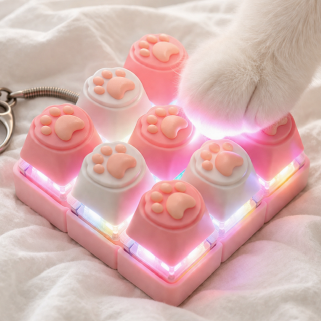 키캡하우스 LED 고양이 발바닥 키캡 키링 딸깍이, 1개, 화이트핑크